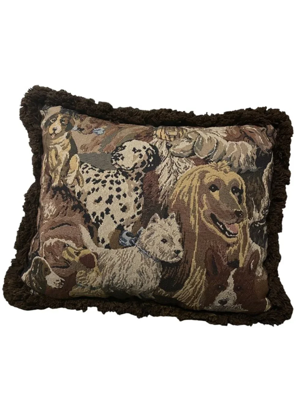 Vintage Dog Novelty Tapestry Throw Pillow Brown Fringe Cottagecore